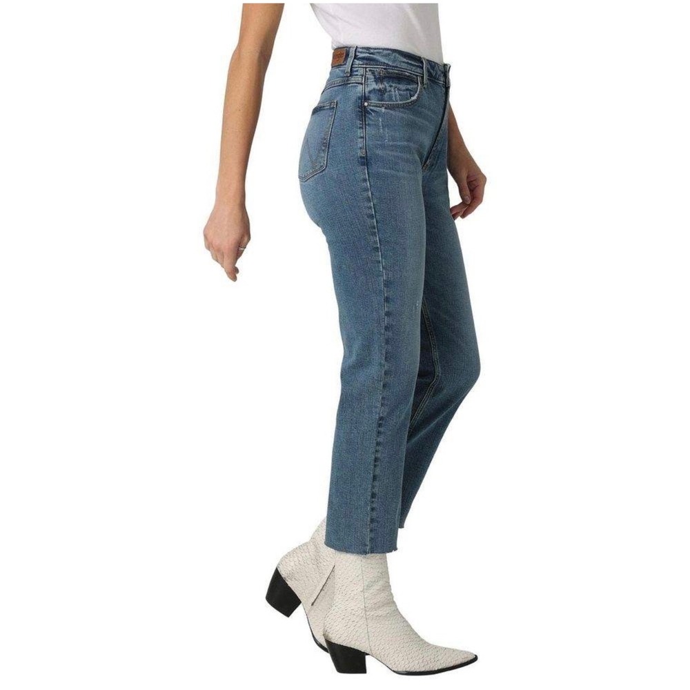 Wrangler High Rise True Straight Crop Jeans Blue Raw Hem Size 10